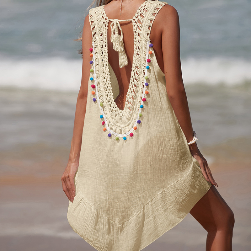 Womens Boho Beach Cover-Up Dress - Crochet V-Neck Sleeveless Mini Dress